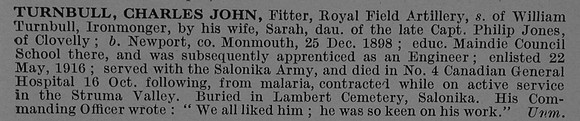 Turnbull C J Fitter 147397 Royal Field Artillery Obit De Ruvignys Roll Of Honour Vol 4