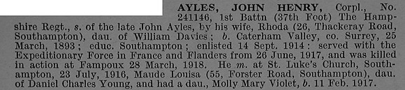 Ayles J H Cpl 241146 1st Hampshire Regiment Obit De Ruvignys Roll Of Honour Vol 4