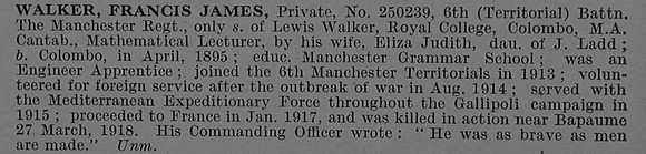 Walker F J Pte 250239 6th Manchester Regiment Obit De Ruvignys Roll Of Honour Vol 4