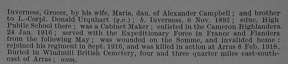 Urquhart H Pte 23966 7th Cameron Highlanders Obit Part 2 De Ruvignys Roll Of Honour Vol 4