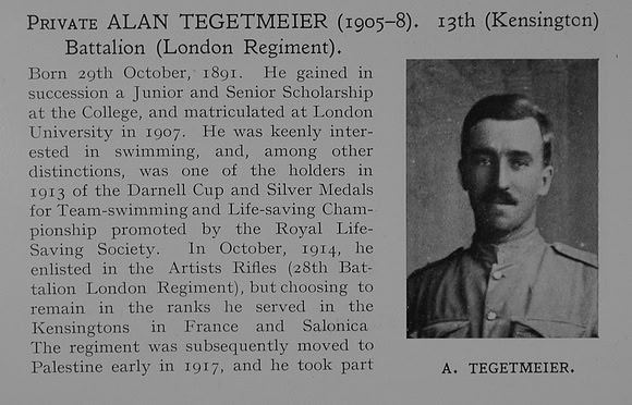 Tegetmeier A Pte 13th London Regiment Obit Part 1 Dulwich College Roll Of Honour