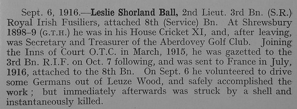 Ball L S 2nd Lt 8th Royal Irish Fusiliers Obit Shrewsbury School Roll Of Service