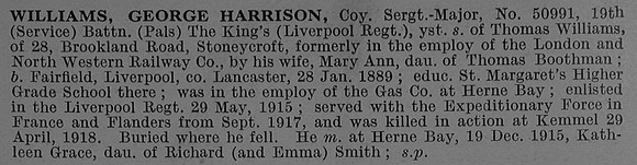Williams G H Coy Sergt Major 50991 19th Kings Liverpool Regiment Obit De Ruvignys Roll Of Honour Vol 4
