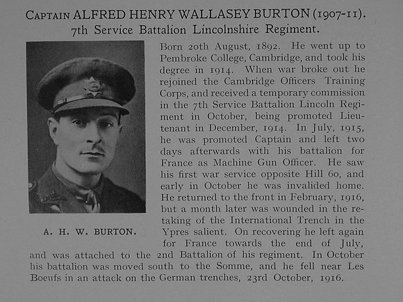 Burton A H W 7th Lincolnshire Regiment Obit Dulwich College Roll Of Honour