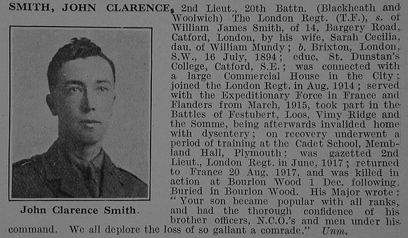 Smith J C 2nd Lt 20th London Regiment Obit De Ruvignys Roll Of Honour Vol 3