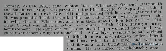 Calvert J D Lt 4th Rifle Brigade Obituary Part 2 De Ruvignys Roll Of Honour Vol 1
