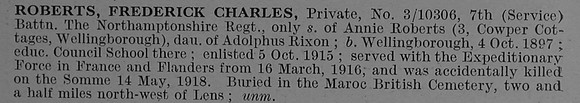 Roberts F C Pte 3-10306 7th Northamptonshire Regiment Short Obit De Ruvignys Roll Of Honour Vol 4