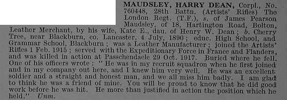Maudsley H D Cpl 760448 28th London Regiment Obit De Ruvignys Roll Of Honour Vol 4