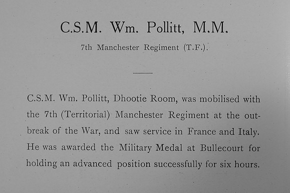 Pollitt W CSM MM 7th Manchester Regiment Record William Graham Co Roll Of Honour