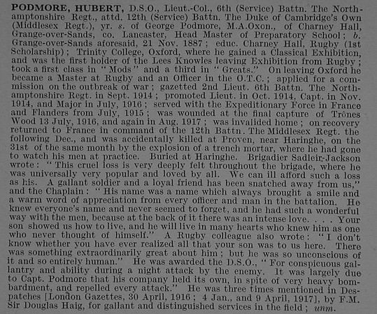 Podmore H Lt Col DSO 6th Northamptonshire Regiment Attd 12th Middlesex Regiment Obit De Ruvignys Roll Of Honour Vol 4
