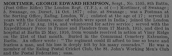 Mortimer G E H Sergt 8th London Regiment Obit De Ruvignys Roll Of Honour Vol 4