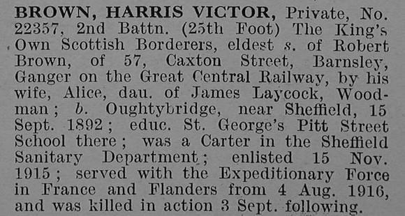 Brown H V Pte 22357 2nd Kings Own Scottish Borderers Obit De Ruvignys Roll Of Honour Vol 4