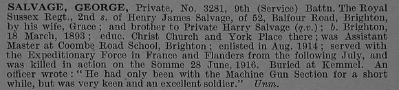 Salvage G Pte 3281 9th Royal Sussex Regiment Obit De Ruvignys Roll Of Honour Vol 4
