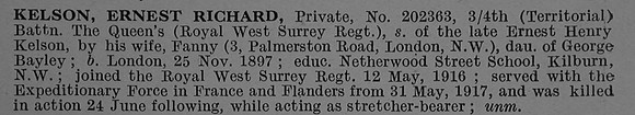 Kelson E R Pte 202363 4th Queens Royal West Surrey Regiment Obit De Ruvignys Roll Of Honour Vol 4