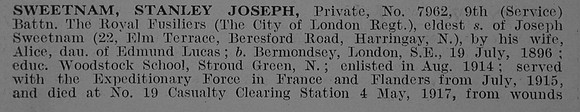 Sweetnam S J Pte 9th Royal Fusiliers Obit Part 1 De Ruvignys Roll Of Honour Vol 3