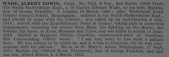 Wade A E Cpl 7012 2nd South Staffordshire Regiment Obit De Ruvignys Roll Of Honour Vol 4