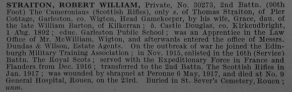 Straiton R W Pte 30273 2nd Cameronians Obit De Ruvignys Roll Of Honour Vol 4