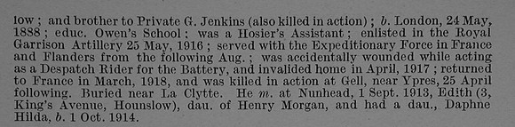 Jenkins L E Gnr 86540 Royal Garrison Artillery Obit Part 2 De Ruvignys Roll Of Honour Vol 4