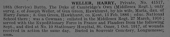 Weller H Pte 41517 18th Middlesex Regiment Obit De Ruvignys Roll Of Honour Vol 4