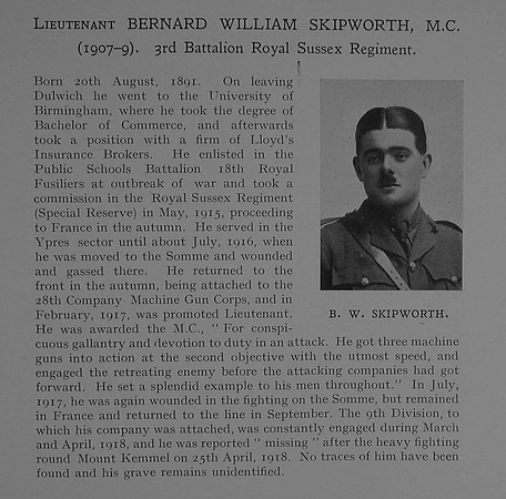 Skipworth B W Lt MC 3rd Royal Sussex Regiment Obit Dulwich College Roll Of Honour