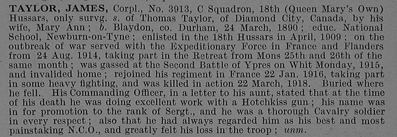 Taylor J Cpl 3913 18th Hussars Obit De Ruvignys Roll Of Honour Vol 4