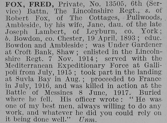 Fox F Pte 6th Lincolnshire Regiment Obit De Ruvignys Roll Of Honour Vol 3