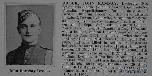 Brock J R L/Sergt 28957 16th Canadian Infantry (Manitoba Regiment) Obituary De Ruvignys Roll Of Honour Vol 1