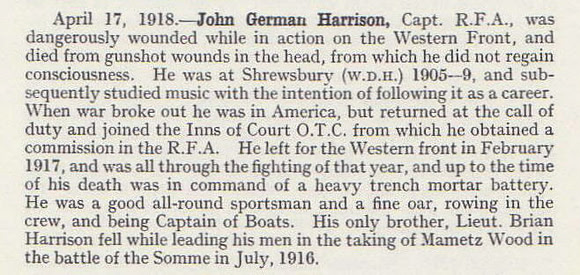 Harrison J G Captain Royal Field Artillery Obituary Shrewsbury School Roll Of Service 1914-1918 1921
