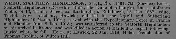 Webb M H Sergt 41561 7th Seaforth Highlanders Obit De Ruvignys Roll Of Honour Vol 4