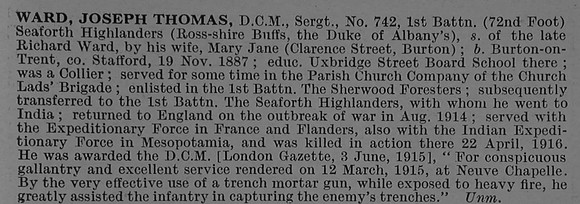 Ward J T Sergt DCM 742 1st Seaforth Highlanders Obit De Ruvignys Roll Of Honour Vol 4