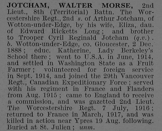 Jotcham W M 2nd Lt 8th Worcestershire Regiment Obit De Ruvignys Roll Of Honour Vol 5