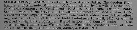 Middleton J Pte 266077 6th Gordon Highlanders Obit De Ruvignys Roll Of Honour Vol 4