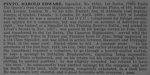 Pinto H E Sig 41641 1st Cameron Highlanders Obit De Ruvignys Roll Of Honour Vol 4