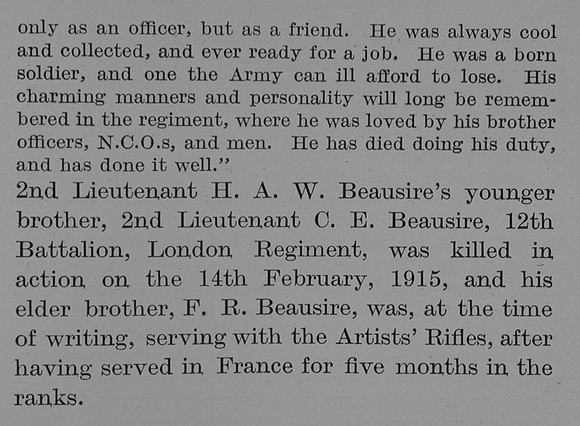 Beausire H A W 2nd Lt 1st London Regiment Obit Part 4 The Bond Of Sacrifice Vol 2