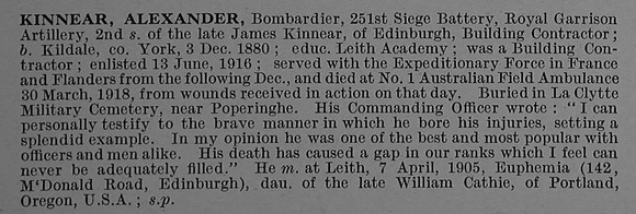 Kinnear A Bmdr Royal Garrison Artillery Obit De Ruvignys Roll Of Honour Vol 4