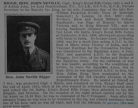 Bigge J N Captain 1st Kings Royal Rifle Corps Obituary De Ruvignys Roll Of Honour Vol 1