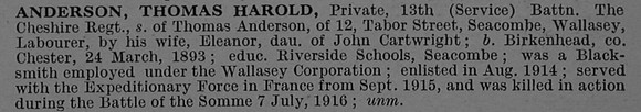 Anderson T H Pte 13th Cheshire Regiment Obit De Ruvignys Roll Of Honour Vol 4