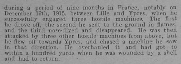 Bell-Irving M M Captain RFC DSO Citation No 2 The Graphic 22.1.16