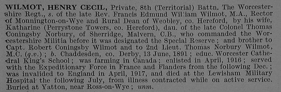 Wilmot H C Pte 202923 8th Worcestershire Regiment Obit De Ruvignys Roll Of Honour Vol 4