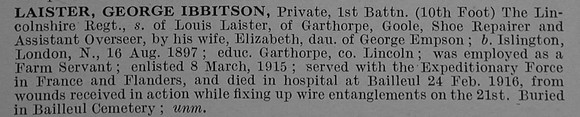 Laister G I Pte 15738 1st Lincolnshire Regiment Obit De Ruvignys Roll Of Honour Vol 4