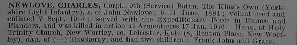 Newlove C Cpl 12936 9th King's Own Yorkshire Light Infantry Short Obit De Ruvignys Roll Of Honour Vol 4