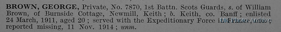 Brown G Pte 7870 1st Scots Guards Short Obituary De Ruvignys Roll Of Honour Vol 1