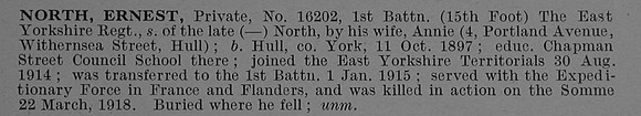 North E Pte 16202 1st East Yorkshire Regiment Short Obit De Ruvignys Roll Of Honour Vol 4
