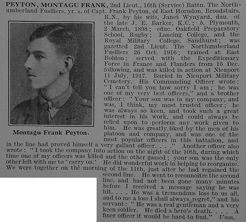 Peyton M F 2nd Lt 16th Northumberland Fusiliers Obit De Ruvignys Roll Of Honour Vol 3