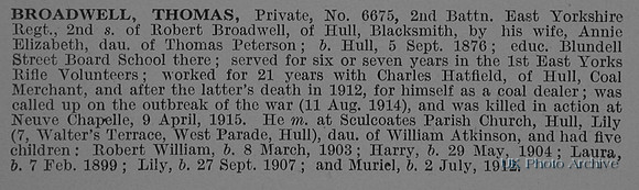Broadwell T Pte 6675 2nd East Yorkshire Regiment Obituary De Ruvignys Roll Of Honour Vol 1