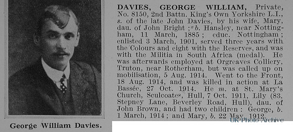 Davies G W Pte 8150 2nd Kings Own Yorkshire Light Infantry Obit