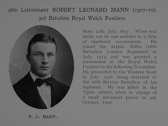 Mann R L 2nd Lt 3rd Attd 16th Royal Welsh Fusiliers Obit Dulwich College Roll Of Honour