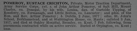 Pomeroy E C Pte  M/282220 Army Service Corps Obit De Ruvignys Roll Of Honour Vol 4