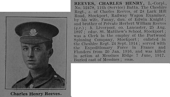 Reeves C H L/Cpl 11th Cheshire Regiment Obit De Ruvignys Roll Of Honour Vol 3