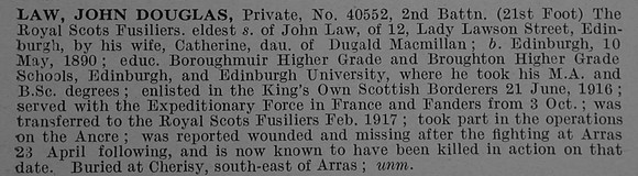 Law J D Pte 40552 2nd Royal Scots Fusiliers Obit De Ruvignys Roll Of Honour Vol 4